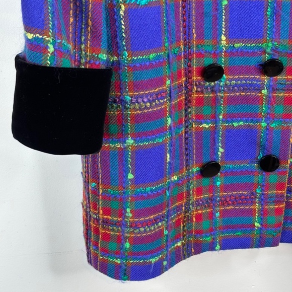 VTG Carlisle Wool Plaid Pea Coat 2 Double Breasted Velvet Old Money Retro Twee - Picture 4 of 13